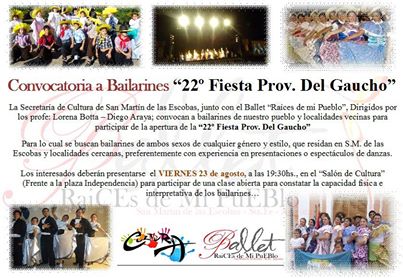 San Martín de las Escobas: Convocatoria a Bailarines – “22º Fiesta Prov. Del Gaucho”.